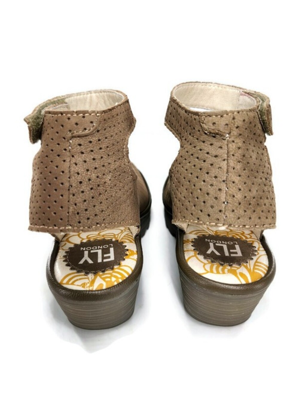 Fly London Yala Taupe Perforated Leather Ankle Strap Peep-Toe Wedge Heel Sandals - Picture 11 of 15